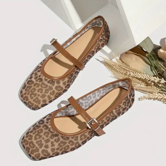 Shoes - Leopard Print Mesh Mary Jane Flats